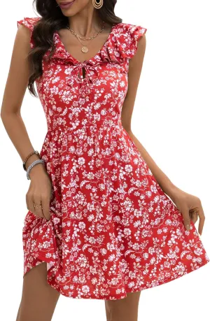 GUBERRY Womens Summer Dresses 2025 Ruffle V Neck Tie Front Floral Sundresses Cute Mini Teen Dress with Pockets