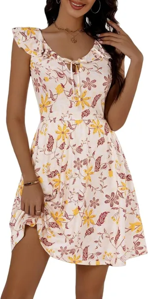 GUBERRY Womens Summer Dresses 2025 Ruffle V Neck Tie Front Floral Sundresses Cute Mini Teen Dress with Pockets