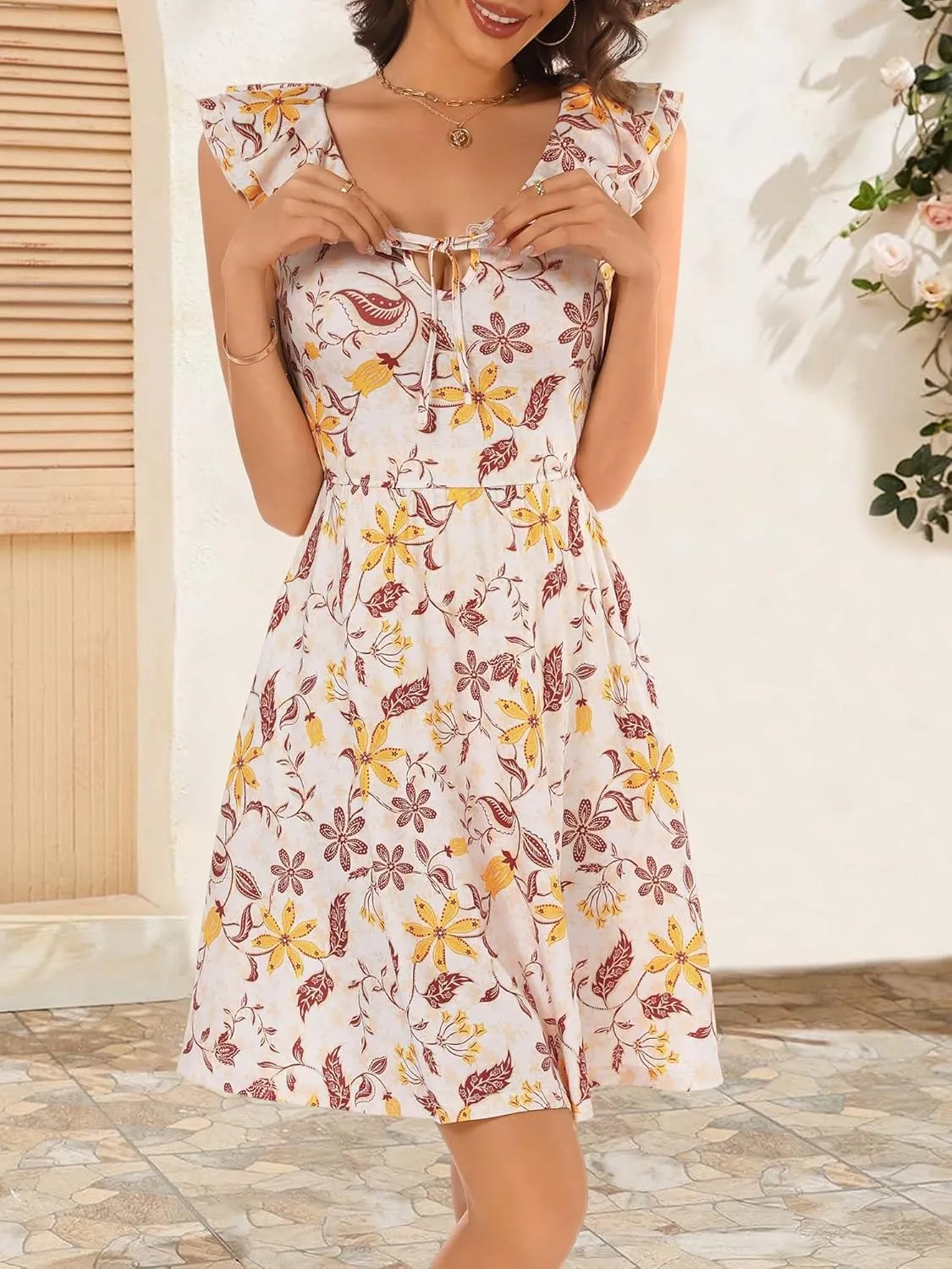 GUBERRY Womens Summer Dresses 2025 Ruffle V Neck Tie Front Floral Sundresses Cute Mini Teen Dress with Pockets