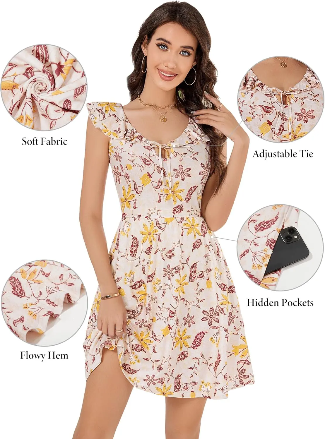 GUBERRY Womens Summer Dresses 2025 Ruffle V Neck Tie Front Floral Sundresses Cute Mini Teen Dress with Pockets