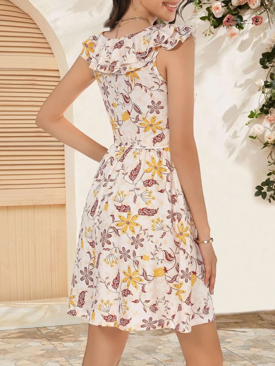 GUBERRY Womens Summer Dresses 2025 Ruffle V Neck Tie Front Floral Sundresses Cute Mini Teen Dress with Pockets
