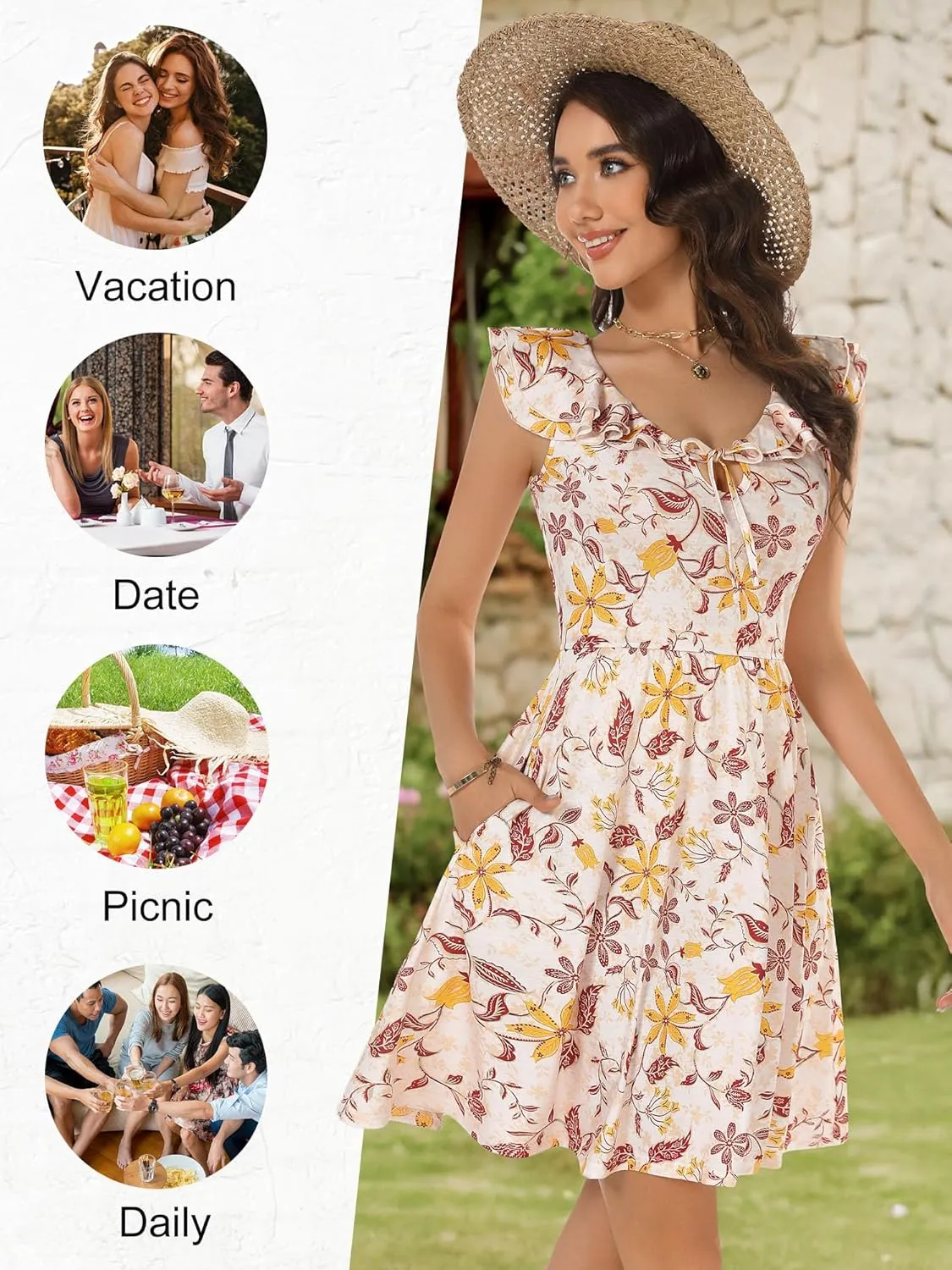 GUBERRY Womens Summer Dresses 2025 Ruffle V Neck Tie Front Floral Sundresses Cute Mini Teen Dress with Pockets