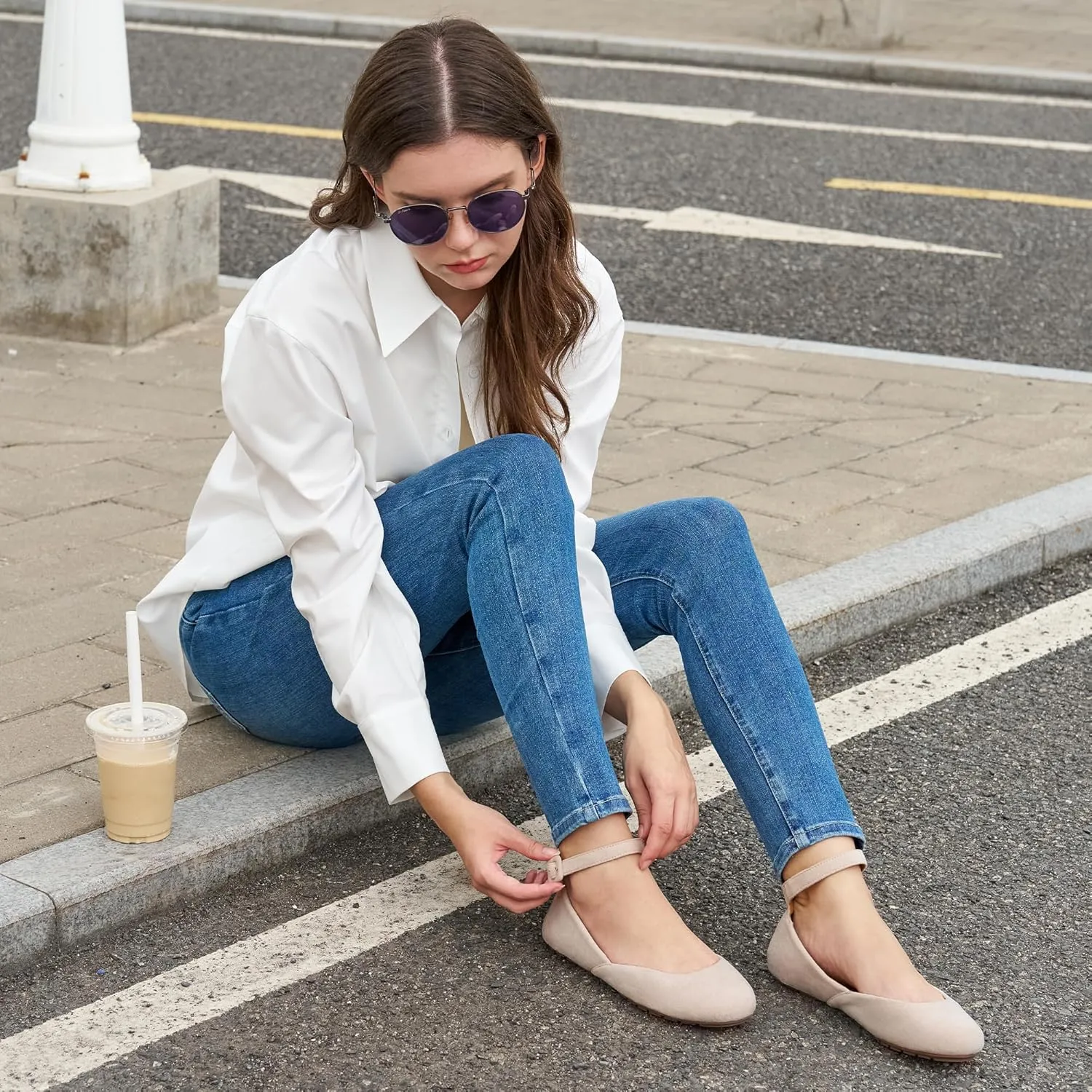 HARENCE Ballet Flats Shoes for Women: Comfortable Round Toe Ankle Strap Slip on Casual Dress Flat for Office Work Business