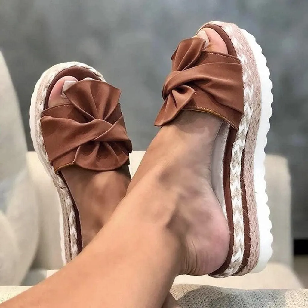 Hbeylia Espadrilles Bowknot Flat Sandals For Women Slip-On Open Toe Platform Wedge Flip Flops Slippers Summer Casual Shoes Beach Boho Traval Vacation Indoor Outdoor Slides