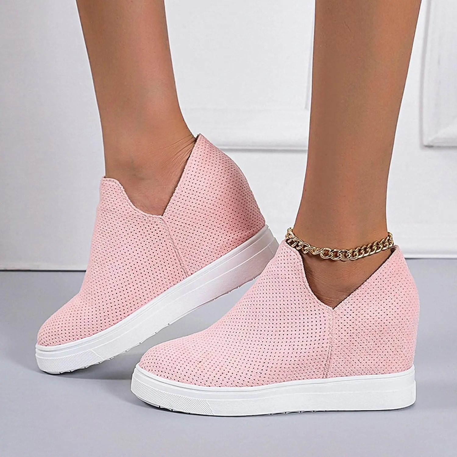 Hbeylia Platform Fashion Sneakers For Women Ladies Fashion Casual V Cut Chunky Bottom Flats Slip On Loafers Breathable Anti Skid Thick Mid Heels Low Top Work Nurse Driving Walking Shoes