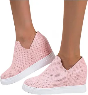 Hbeylia Platform Fashion Sneakers For Women Ladies Fashion Casual V Cut Chunky Bottom Flats Slip On Loafers Breathable Anti Skid Thick Mid Heels Low Top Work Nurse Driving Walking Shoes