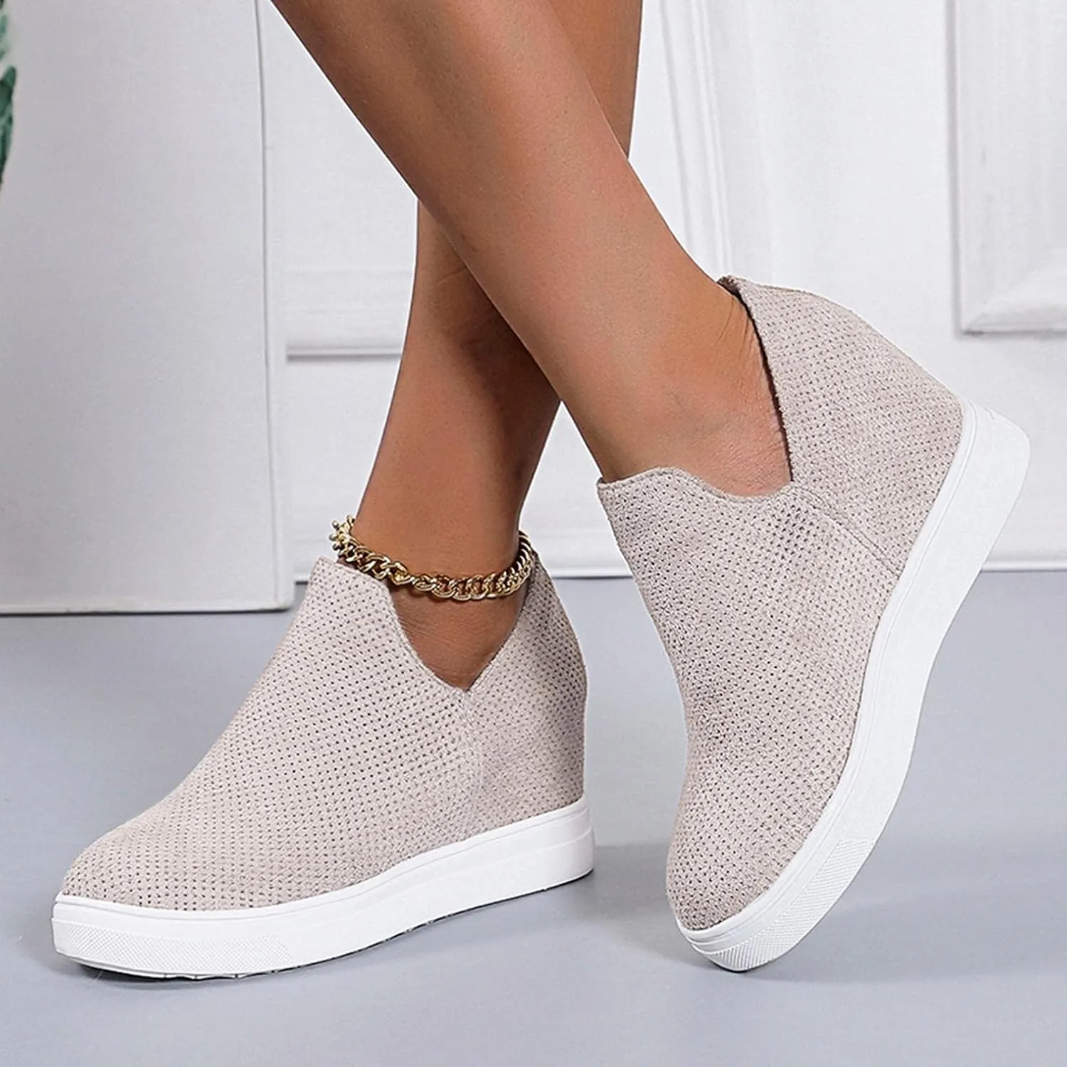 Hbeylia Platform Fashion Sneakers For Women Ladies Fashion Casual V Cut Chunky Bottom Flats Slip On Loafers Breathable Anti Skid Thick Mid Heels Low Top Work Nurse Driving Walking Shoes