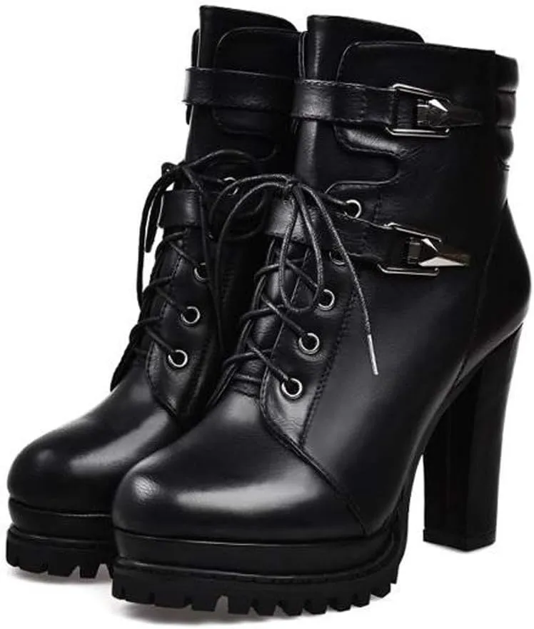 Hbeylia Platform High Heels Boots For Women Ladies Fashion Metal Buckle Lace Up Zipper Chunky Pump Ankle Booties Non Slip Wedge Block Heels Dressy Short Combat Riding Boots Winter Shoes