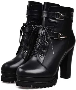 Hbeylia Platform High Heels Boots For Women Ladies Fashion Metal Buckle Lace Up Zipper Chunky Pump Ankle Booties Non Slip Wedge Block Heels Dressy Short Combat Riding Boots Winter Shoes