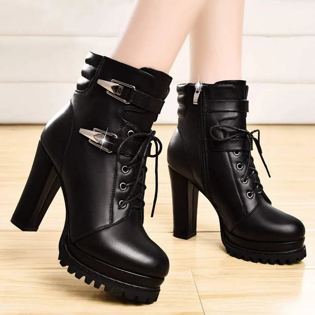 Hbeylia Platform High Heels Boots For Women Ladies Fashion Metal Buckle Lace Up Zipper Chunky Pump Ankle Booties Non Slip Wedge Block Heels Dressy Short Combat Riding Boots Winter Shoes