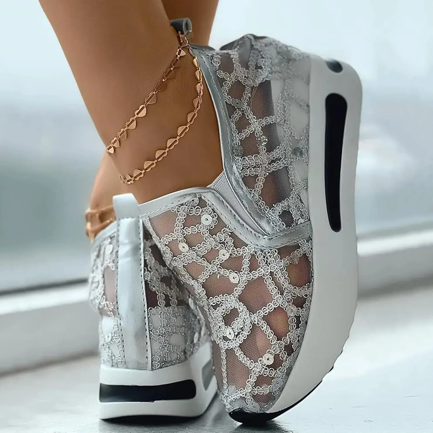 Hbeylia Platform Wedge Sneakers for Women Fashion Embroidery Floral Mesh Air Comfort Chunky Sole Hidden High Heels Slip On Loafers Breathable Walking Work Shoes with Arch Support