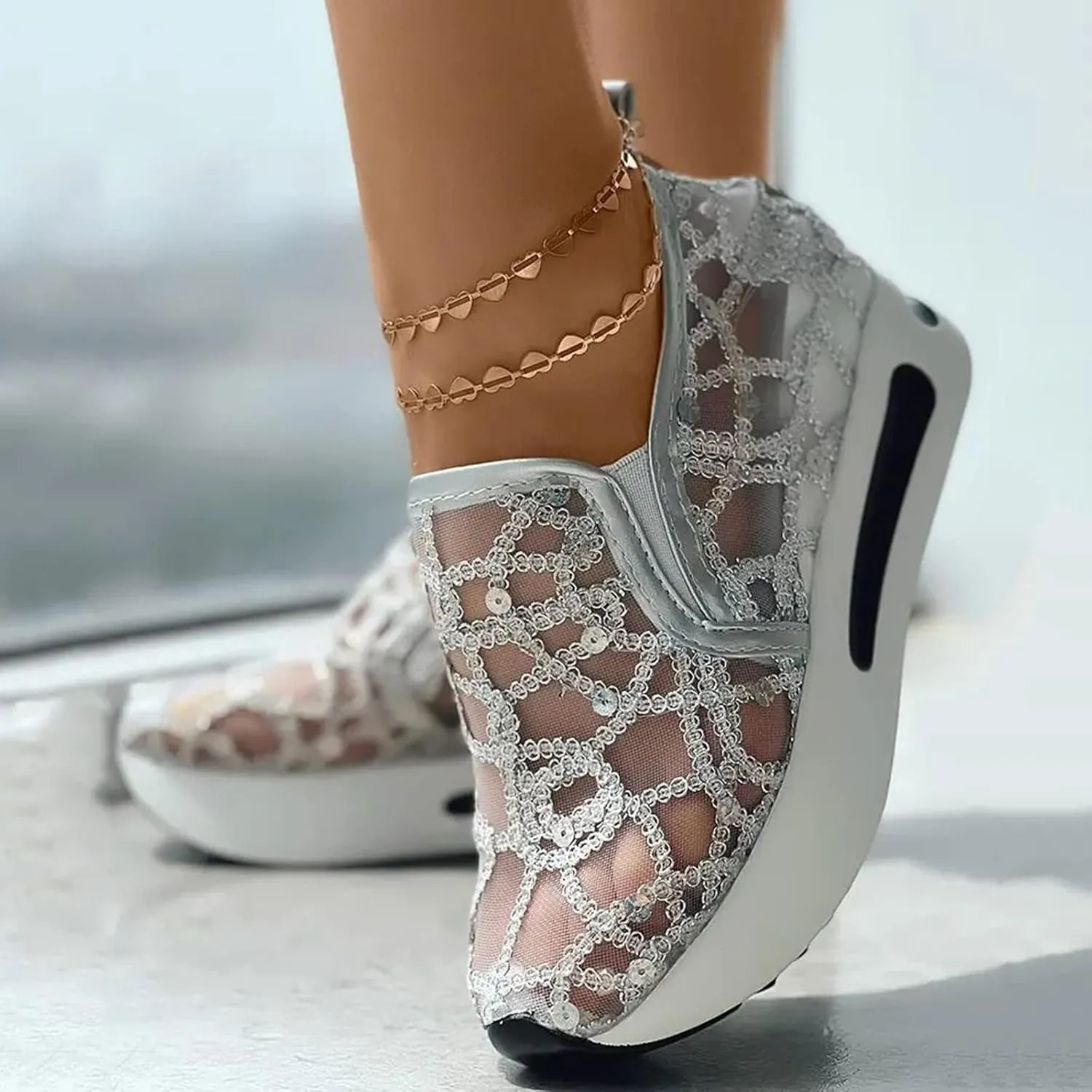 Hbeylia Platform Wedge Sneakers for Women Fashion Embroidery Floral Mesh Air Comfort Chunky Sole Hidden High Heels Slip On Loafers Breathable Walking Work Shoes with Arch Support