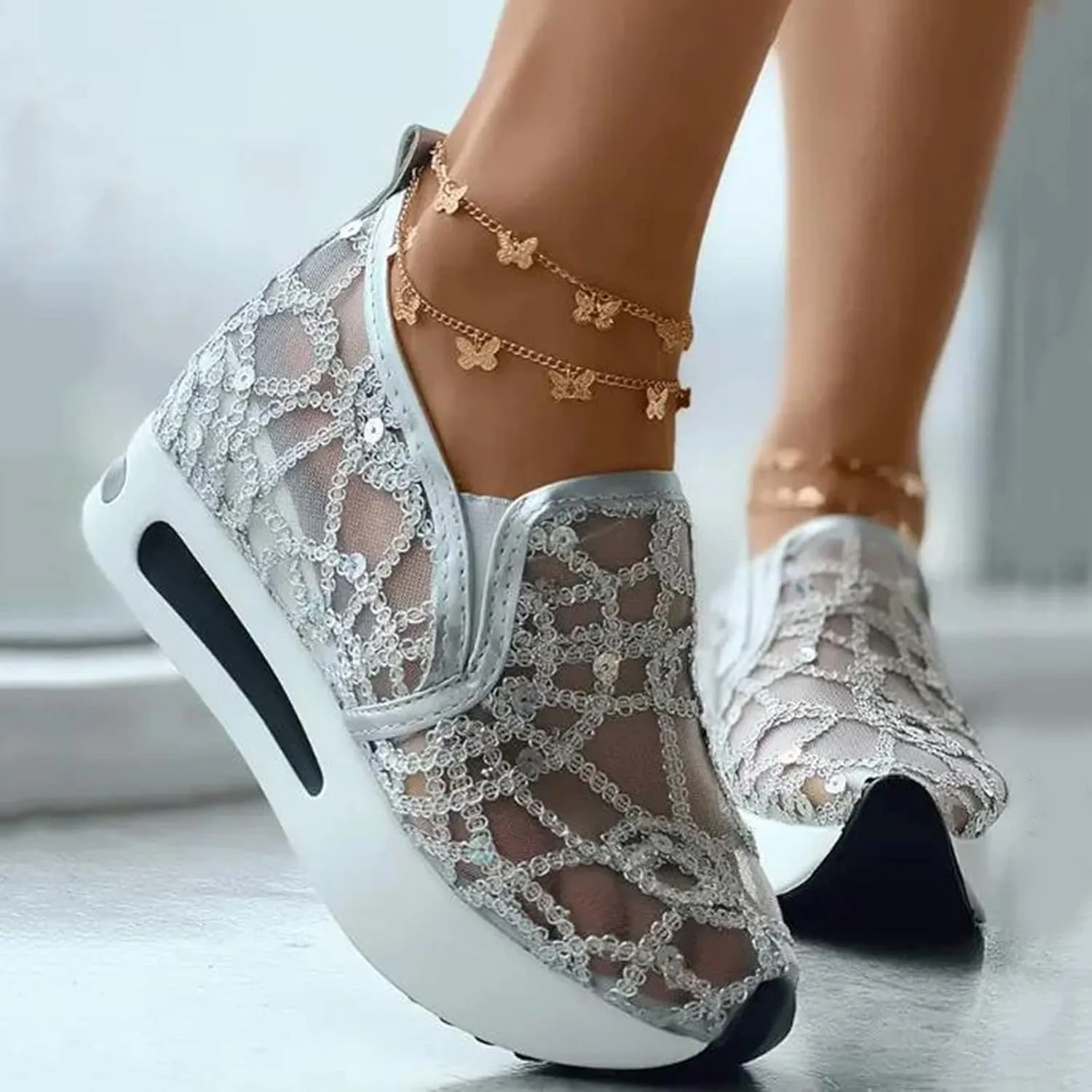 Hbeylia Platform Wedge Sneakers for Women Fashion Embroidery Floral Mesh Air Comfort Chunky Sole Hidden High Heels Slip On Loafers Breathable Walking Work Shoes with Arch Support