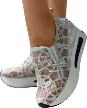 Hbeylia Platform Wedge Sneakers for Women Fashion Embroidery Floral Mesh Air Comfort Chunky Sole Hidden High Heels Slip On Loafers Breathable Walking Work Shoes with Arch Support