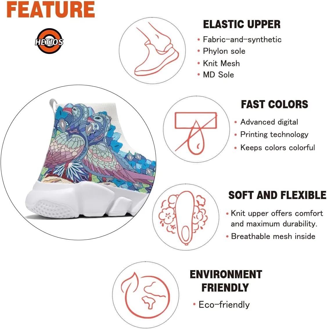 Hetios Mens Fashion Sock Sneakers Womens Walking Shoes Bird Painted Comfort Soft