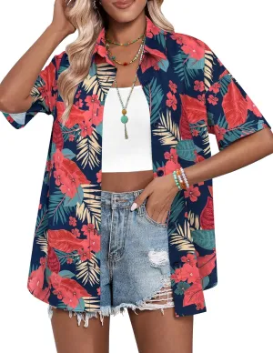 HOTOUCH Womens Hawaiian Shirts Button Up Casual Floral Tropical Shirt Summer Beach Shirt Cool Short Sleeve Blouse Tops