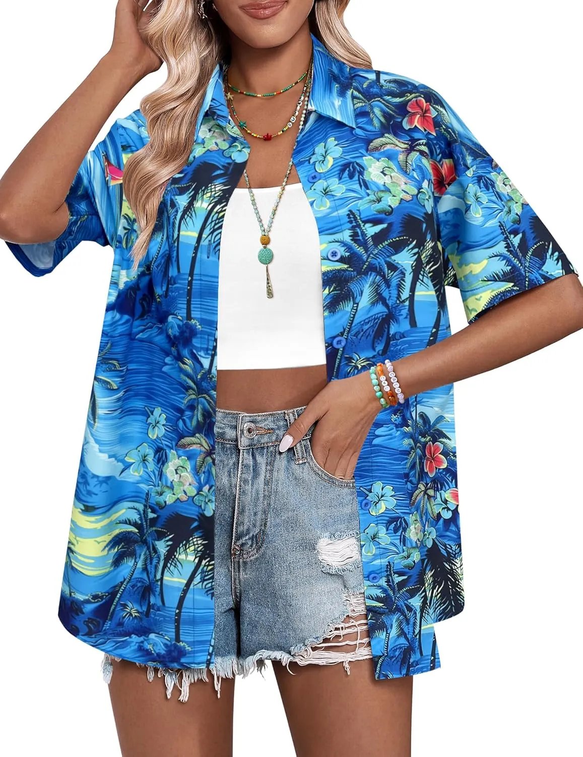 HOTOUCH Womens Hawaiian Shirts Button Up Casual Floral Tropical Shirt Summer Beach Shirt Cool Short Sleeve Blouse Tops