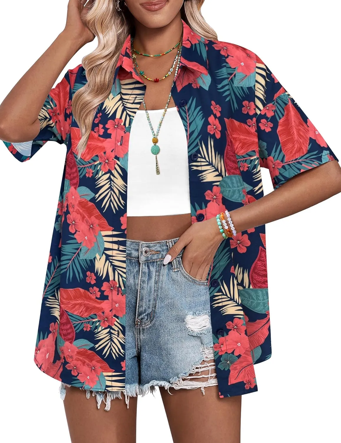 HOTOUCH Womens Hawaiian Shirts Button Up Casual Floral Tropical Shirt Summer Beach Shirt Cool Short Sleeve Blouse Tops