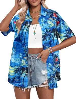 HOTOUCH Womens Hawaiian Shirts Button Up Casual Floral Tropical Shirt Summer Beach Shirt Cool Short Sleeve Blouse Tops