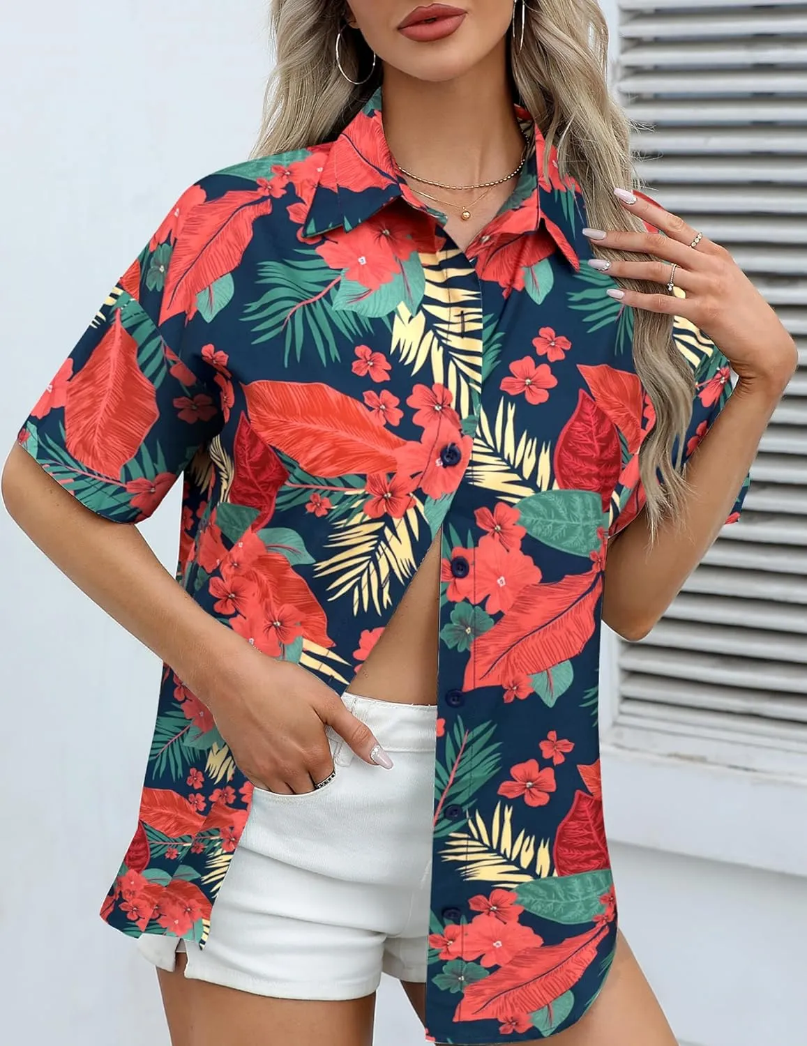 HOTOUCH Womens Hawaiian Shirts Button Up Casual Floral Tropical Shirt Summer Beach Shirt Cool Short Sleeve Blouse Tops