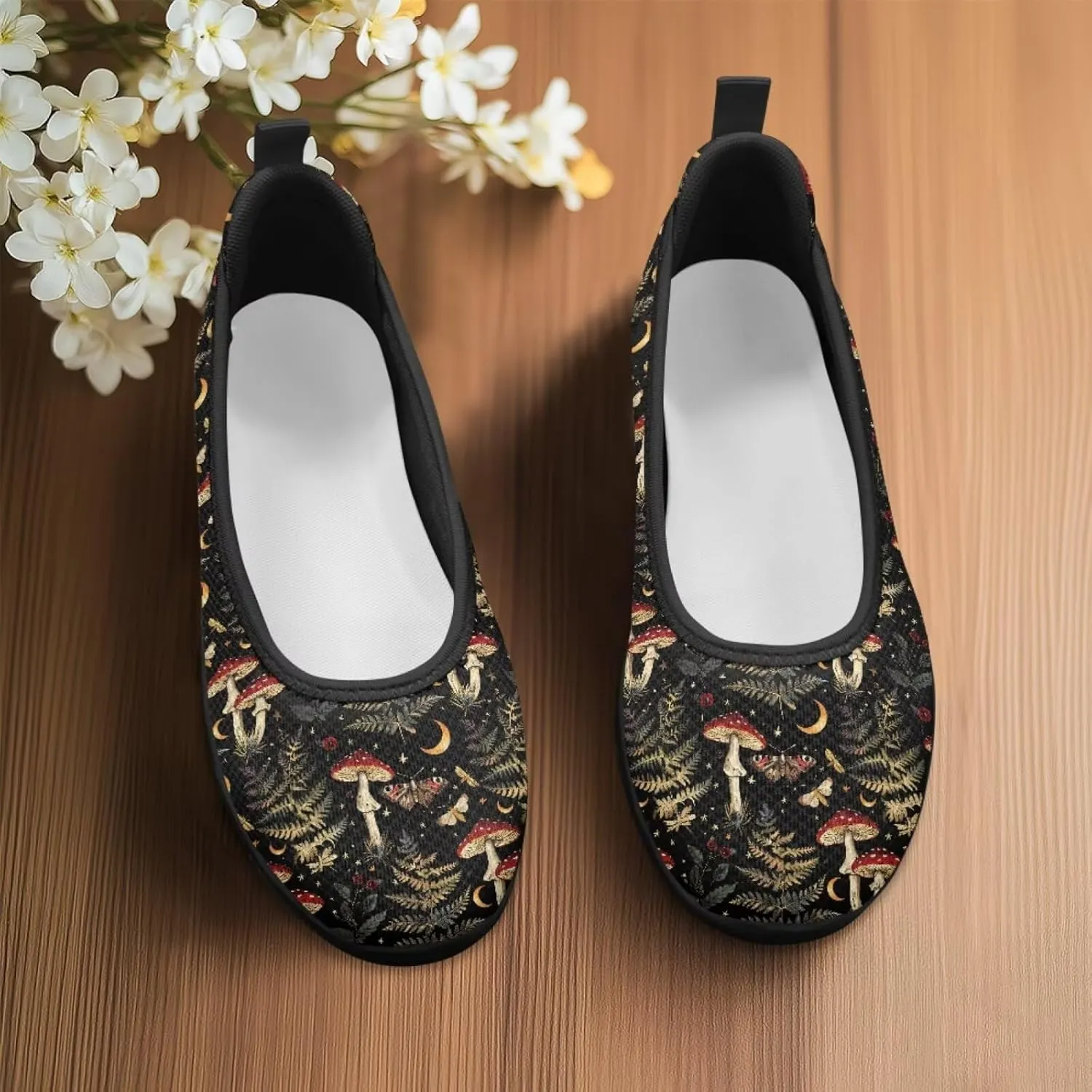 Howilath Mushroom Hummingbird Print Flat Shoes for Women Slip on Shoes Mesh Athletic Shoes Casual Sport Shoes with EVA Sole