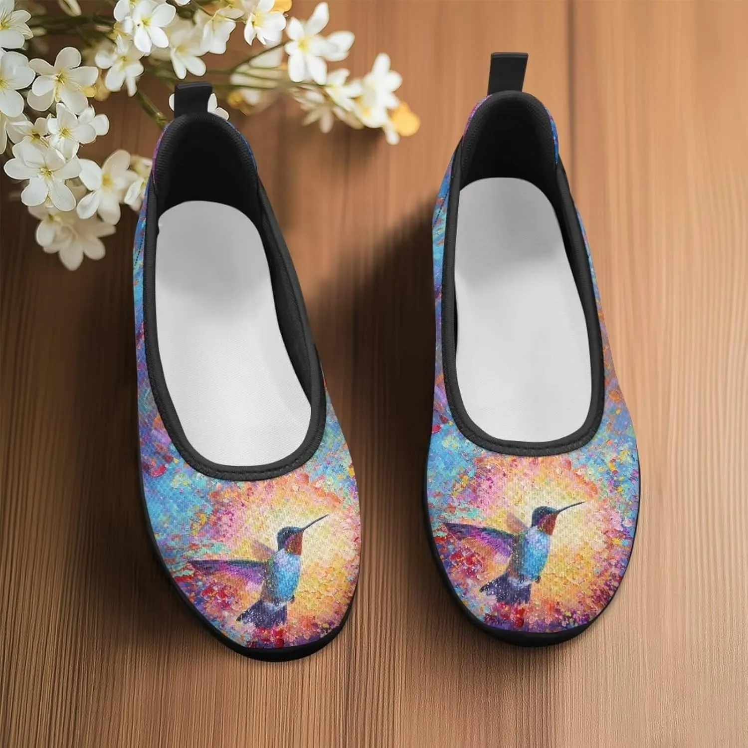Howilath Mushroom Hummingbird Print Flat Shoes for Women Slip on Shoes Mesh Athletic Shoes Casual Sport Shoes with EVA Sole