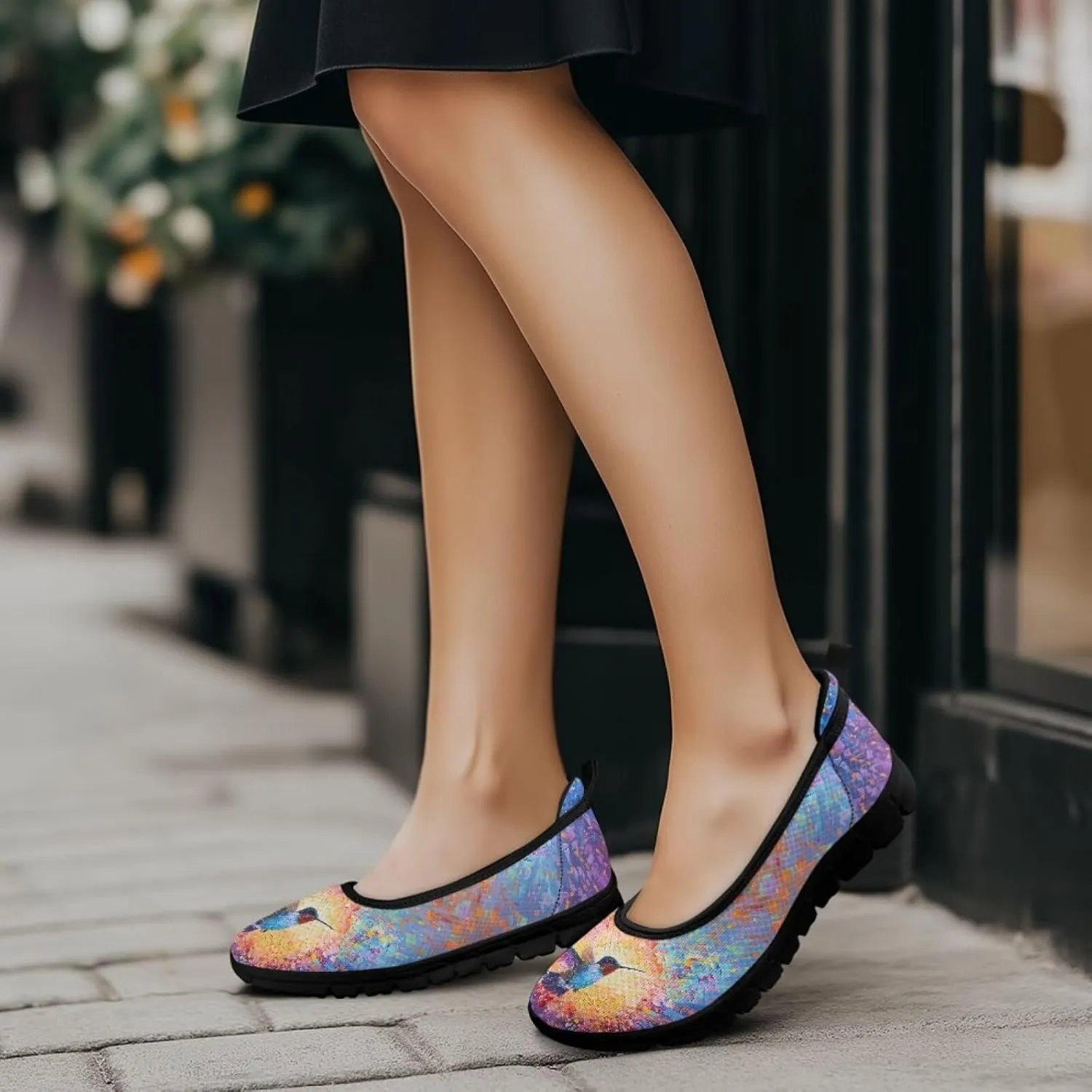 Howilath Mushroom Hummingbird Print Flat Shoes for Women Slip on Shoes Mesh Athletic Shoes Casual Sport Shoes with EVA Sole