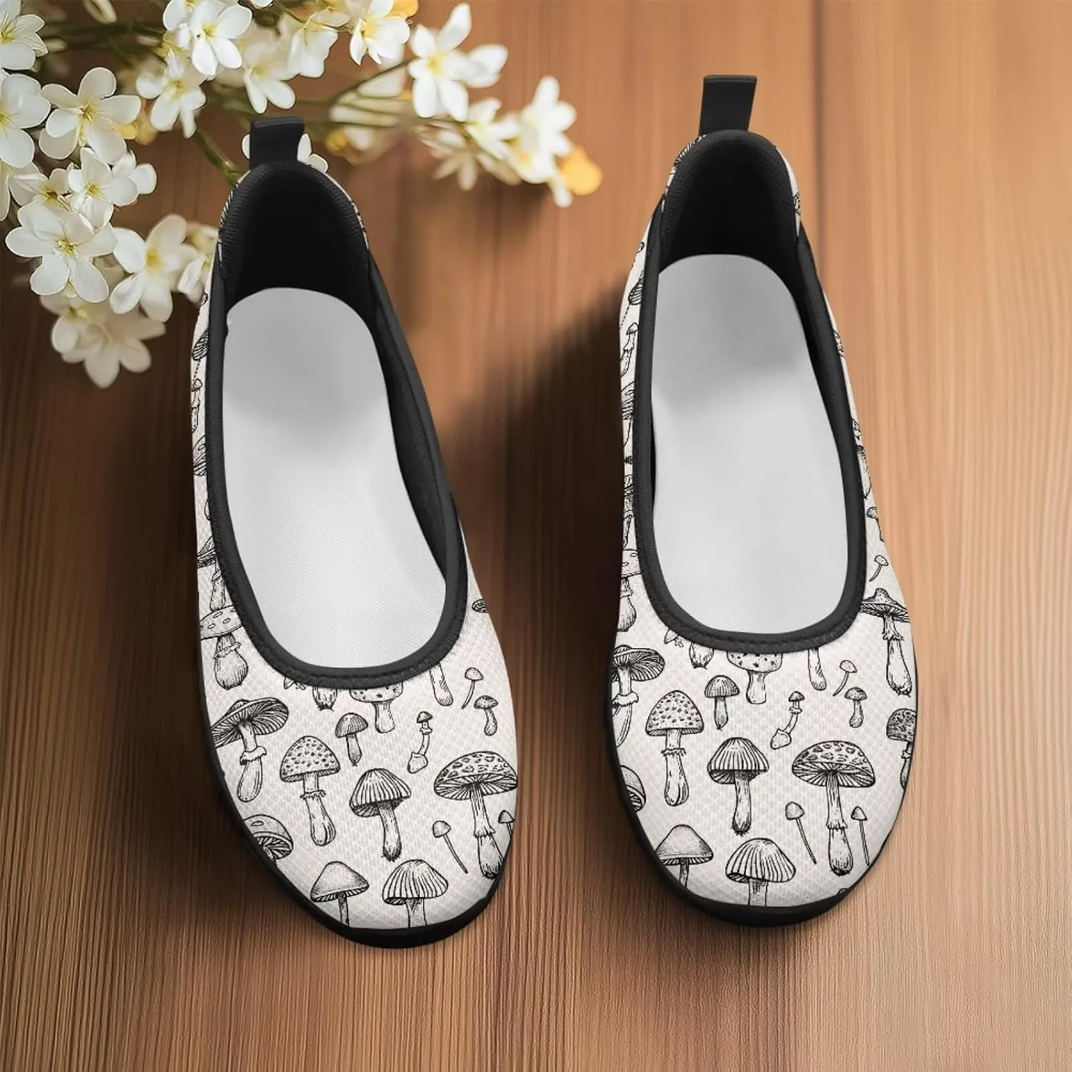 Howilath Mushroom Hummingbird Print Flat Shoes for Women Slip on Shoes Mesh Athletic Shoes Casual Sport Shoes with EVA Sole