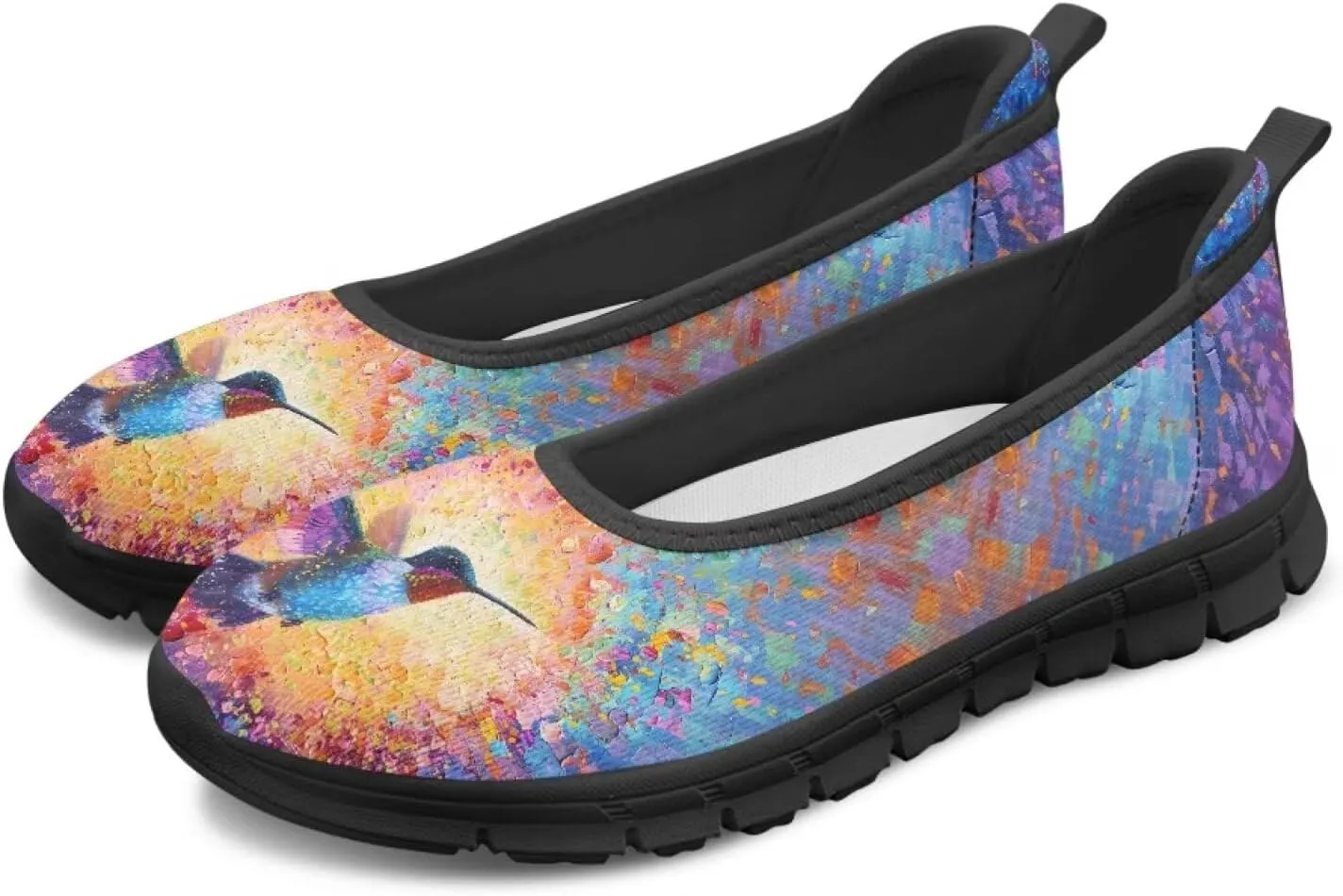 Howilath Mushroom Hummingbird Print Flat Shoes for Women Slip on Shoes Mesh Athletic Shoes Casual Sport Shoes with EVA Sole