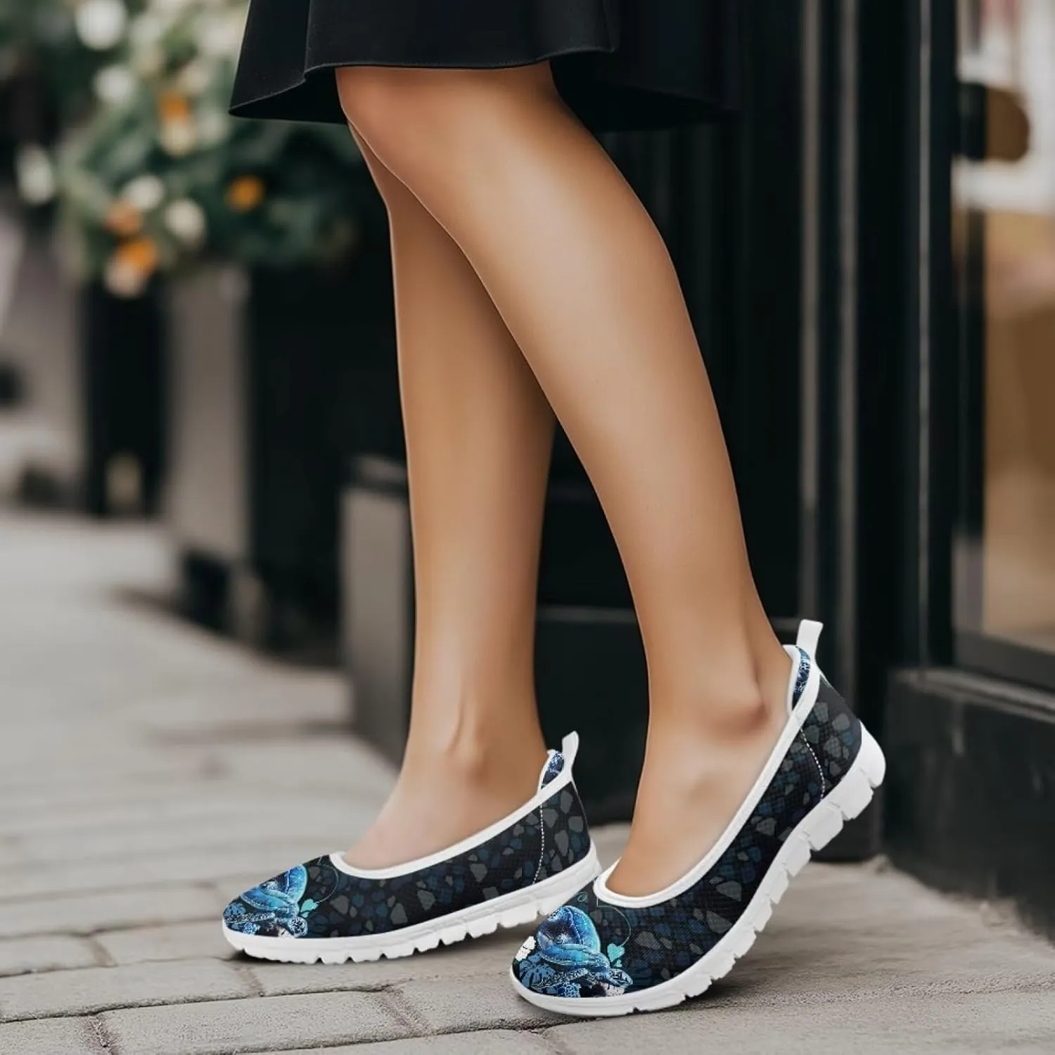 Howilath Sea Turtle & Dolphin Print Women Flat Shoes Casual Mesh Ballet Flats Slip on Trekking Shoes Comfy Dressy Shoes