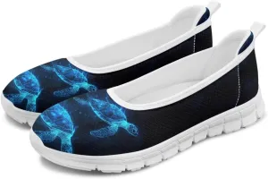 Howilath Sea Turtle & Dolphin Print Women Flat Shoes Casual Mesh Ballet Flats Slip on Trekking Shoes Comfy Dressy Shoes