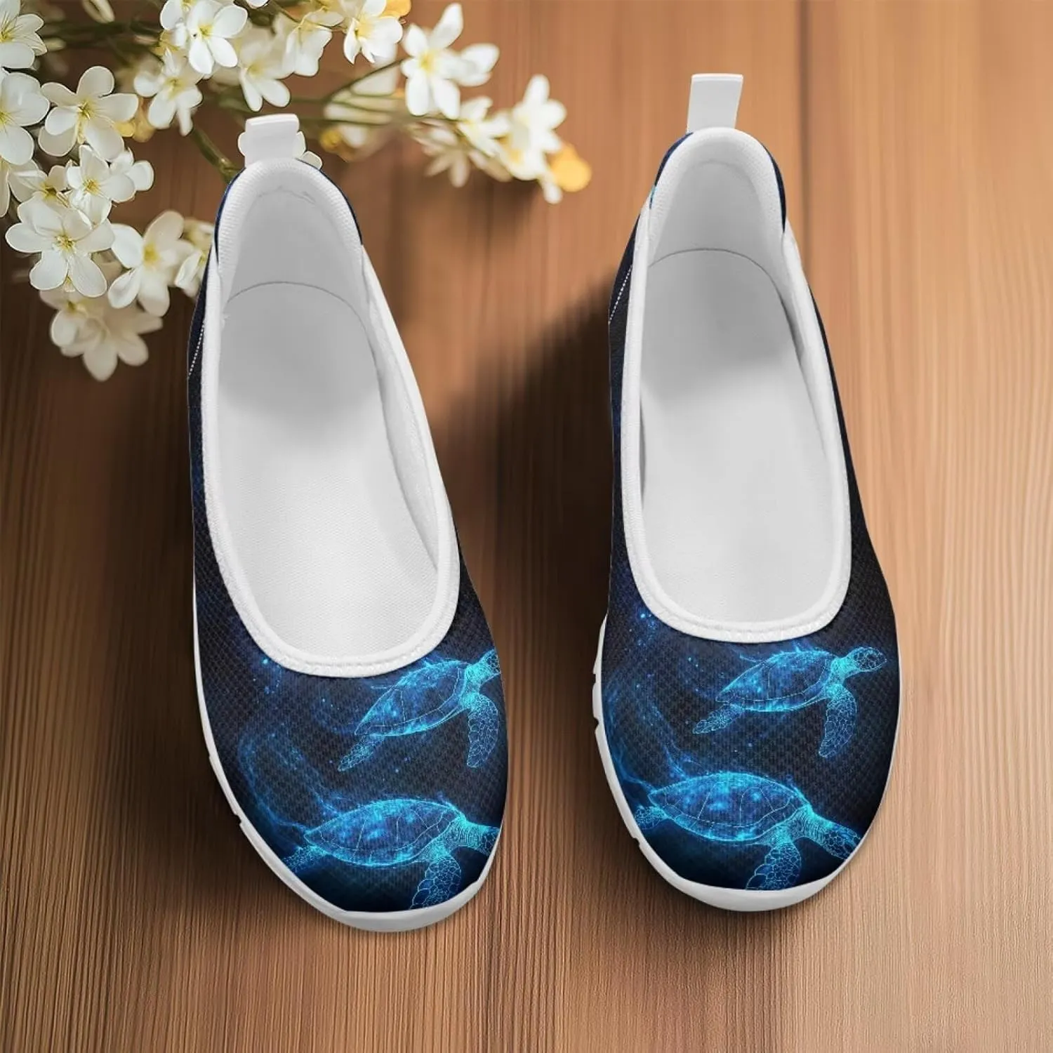 Howilath Sea Turtle & Dolphin Print Women Flat Shoes Casual Mesh Ballet Flats Slip on Trekking Shoes Comfy Dressy Shoes