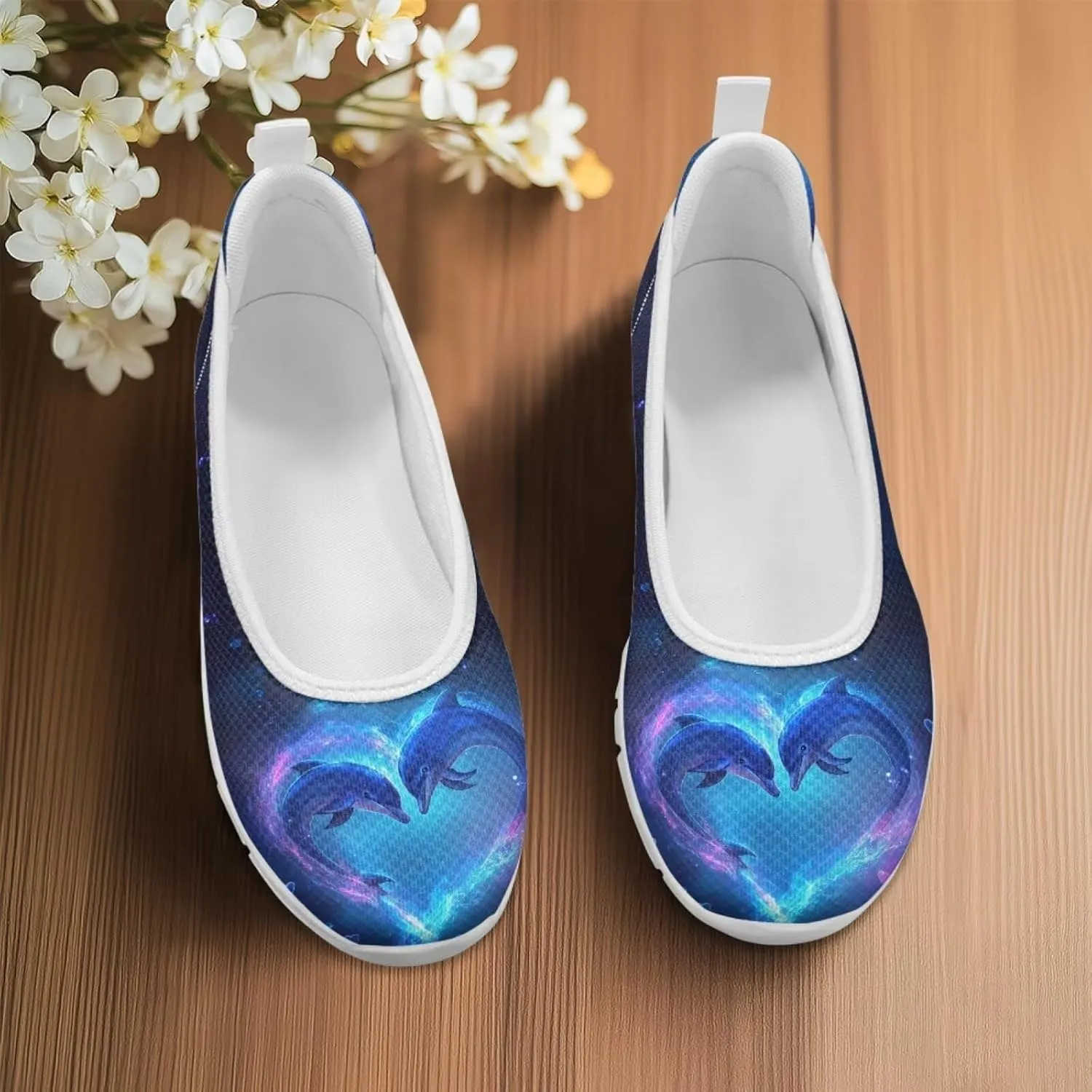 Howilath Sea Turtle & Dolphin Print Women Flat Shoes Casual Mesh Ballet Flats Slip on Trekking Shoes Comfy Dressy Shoes