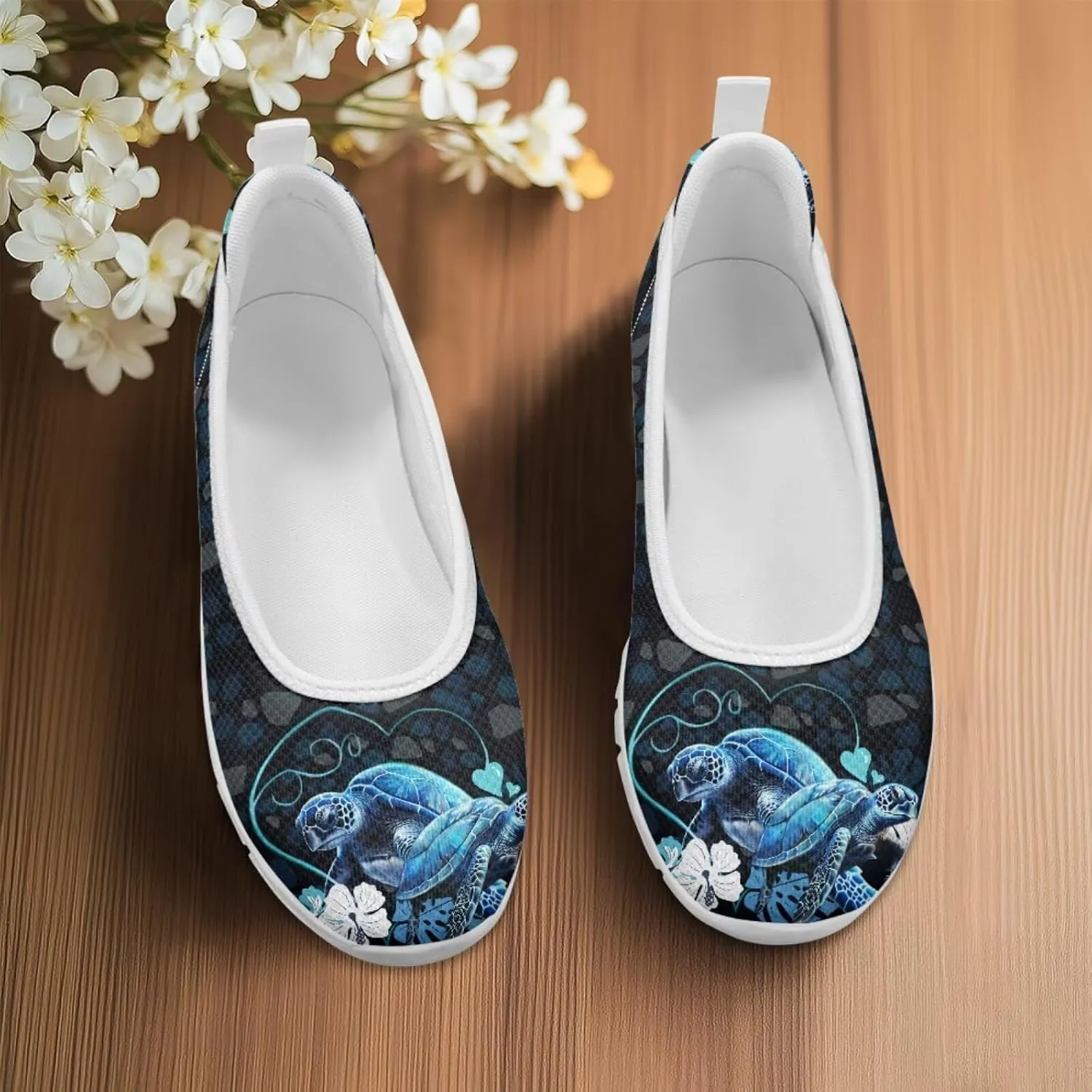 Howilath Sea Turtle & Dolphin Print Women Flat Shoes Casual Mesh Ballet Flats Slip on Trekking Shoes Comfy Dressy Shoes