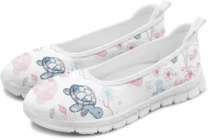 Howilath Sea Turtle & Dolphin Print Women Flat Shoes Casual Mesh Ballet Flats Slip on Trekking Shoes Comfy Dressy Shoes