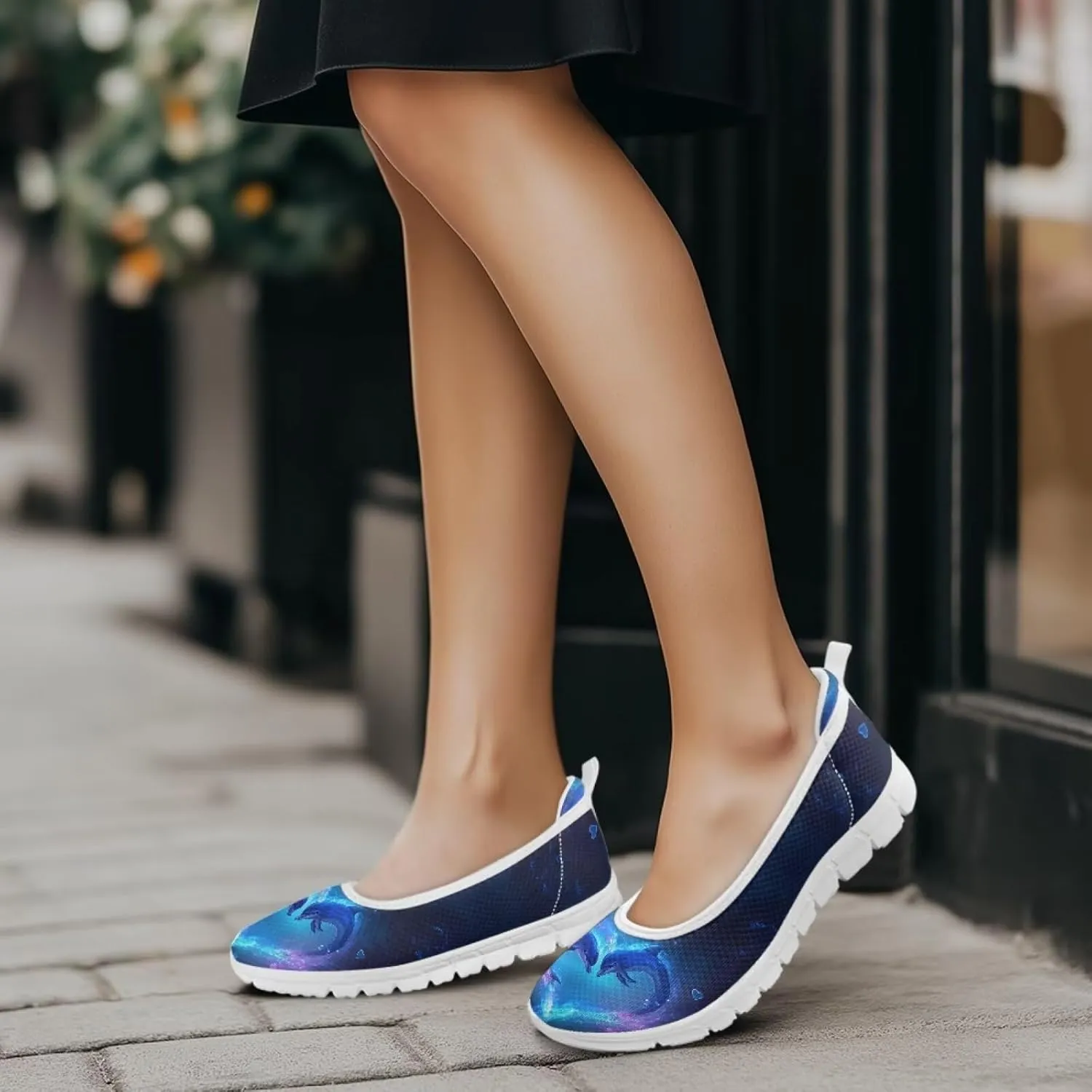 Howilath Sea Turtle & Dolphin Print Women Flat Shoes Casual Mesh Ballet Flats Slip on Trekking Shoes Comfy Dressy Shoes