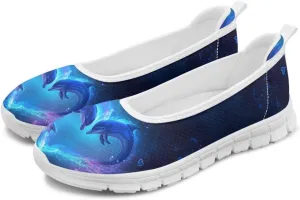 Howilath Sea Turtle & Dolphin Print Women Flat Shoes Casual Mesh Ballet Flats Slip on Trekking Shoes Comfy Dressy Shoes