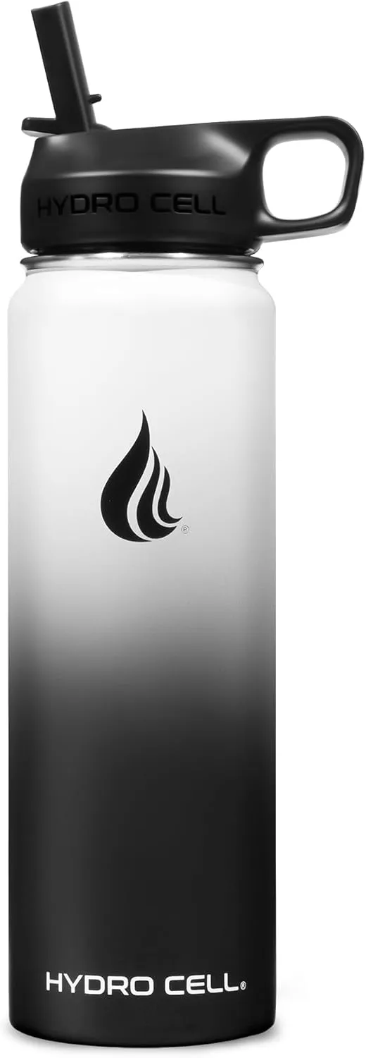 HYDRO CELL Stainless Steel Insulated Water Bottle with Straw - For Cold & Hot Drinks - Metal Vacuum Flask with Screw Cap and Modern Leakproof Sport Thermos for Adults (Black/White 24oz)