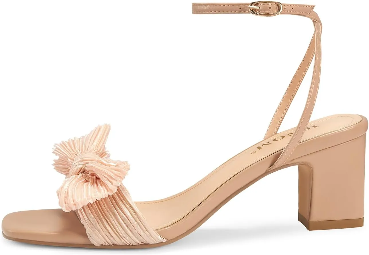ISNOM Women's Bow Knot Heeled Sandals Ankle Buckle Strap Open Toe Block Chunky Heel Bride Wedding Party Fashion Heels