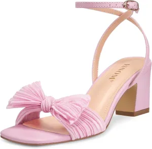 ISNOM Women's Bow Knot Heeled Sandals Ankle Buckle Strap Open Toe Block Chunky Heel Bride Wedding Party Fashion Heels