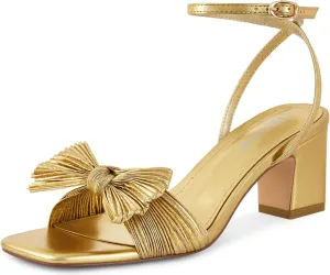 ISNOM Women's Bow Knot Heeled Sandals Ankle Buckle Strap Open Toe Block Chunky Heel Bride Wedding Party Fashion Heels
