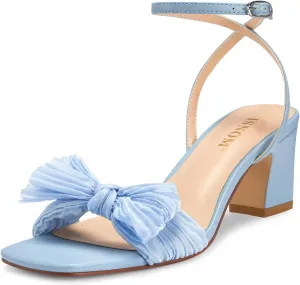 ISNOM Women's Bow Knot Heeled Sandals Ankle Buckle Strap Open Toe Block Chunky Heel Bride Wedding Party Fashion Heels