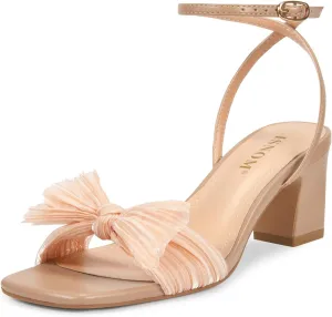 ISNOM Women's Bow Knot Heeled Sandals Ankle Buckle Strap Open Toe Block Chunky Heel Bride Wedding Party Fashion Heels