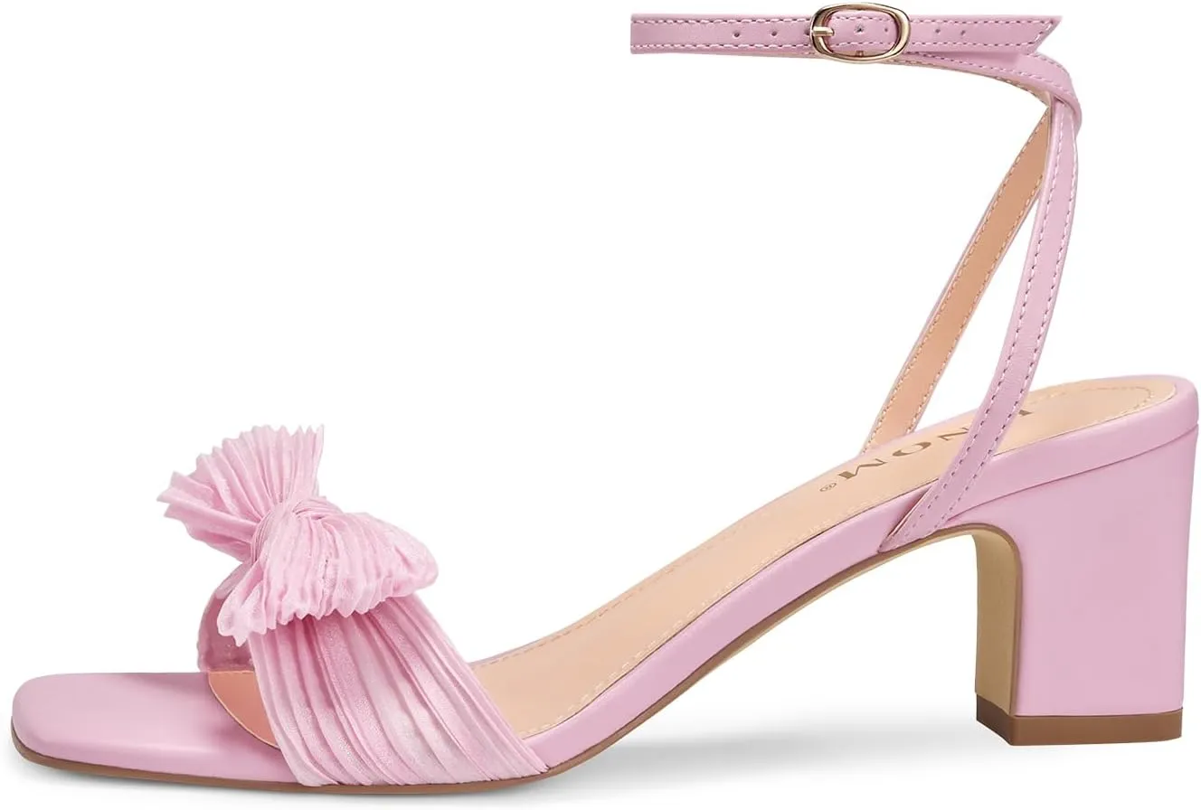 ISNOM Women's Bow Knot Heeled Sandals Ankle Buckle Strap Open Toe Block Chunky Heel Bride Wedding Party Fashion Heels