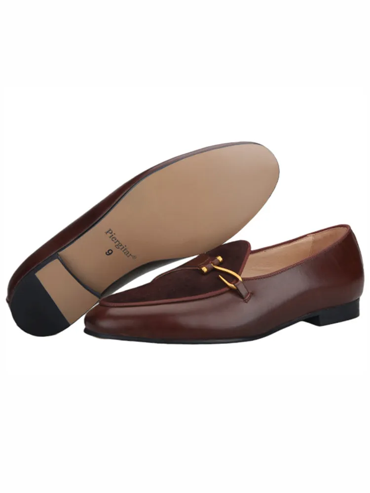 Italian design genuine leather metal buckle men's slip-on loafers British classic calfskin color-brushed smoking shoes
