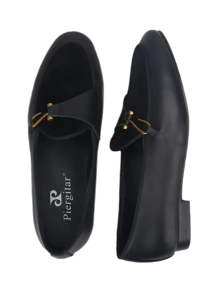 Italian design genuine leather metal buckle men's slip-on loafers British classic calfskin color-brushed smoking shoes