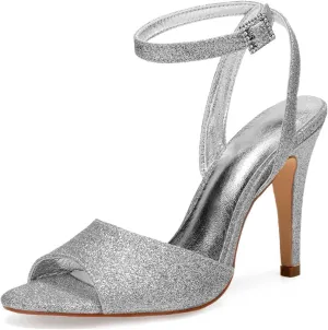 Ivory Wedding Shoes,Women Round Dress Frosted ​Pointed Toe Peep Toe High Heels Buckle hinestones Platform Pumps