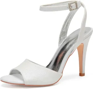 Ivory Wedding Shoes,Women Round Dress Frosted ​Pointed Toe Peep Toe High Heels Buckle hinestones Platform Pumps