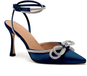 JANSEVEN Rhinestone Bow Heels Black Satin Bowknot Heeled Sandals For Women Ankle Strap Pumps Knotted Sparkling High Heels Closed Pointed Toe 3 In Wedding Bridal Shoes