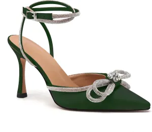 JANSEVEN Rhinestone Bow Heels Black Satin Bowknot Heeled Sandals For Women Ankle Strap Pumps Knotted Sparkling High Heels Closed Pointed Toe 3 In Wedding Bridal Shoes